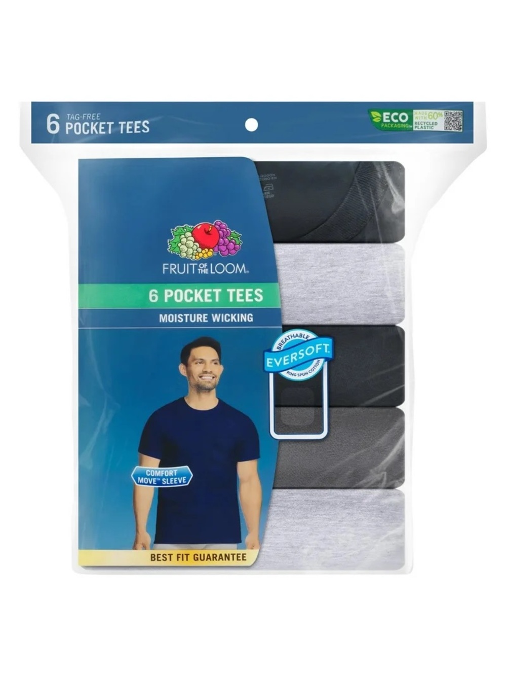 Fruit of the Loom Men’s 6-Pack Pocket Tees - Black & Gray Sz Small